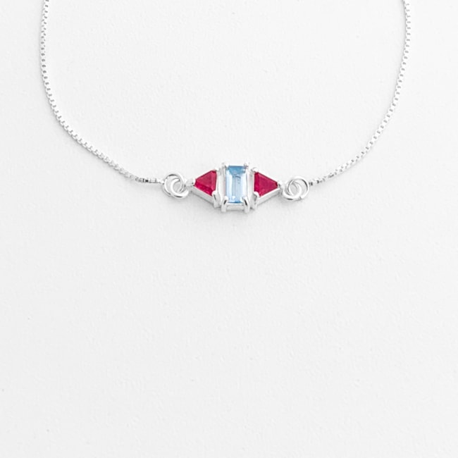 Pulseira com Zircônias Água Marinha Retangular e Rubi Rose Triangular - 16cm