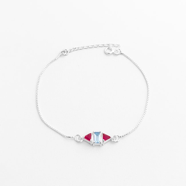 Pulseira com Zircônias Água Marinha Retangular e Rubi Rose Triangular - 16cm