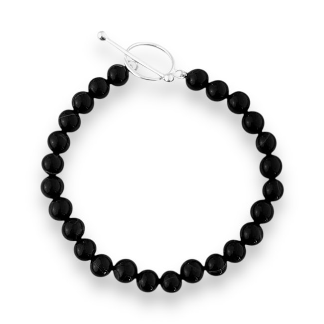 Pulseira de Ágata Preta Mesclada com Fecho Palito - 17cm