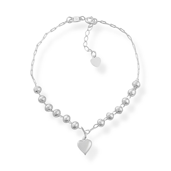 Pulseira de Bolinha com Pingente de Coração - 18cm
