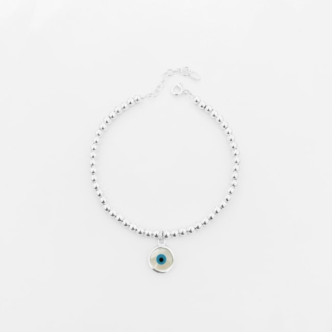 Pulseira de Bolinhas com Olho Grego em Madrepérola – 19cm 