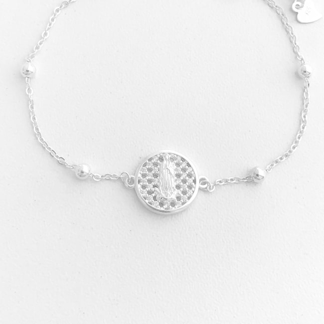 Pulseira de Bolinhas com Pingente de Nossa Senhora Das Graças Cravejado com Zircônias - 17cm