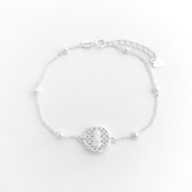 Pulseira de Bolinhas com Pingente de Nossa Senhora Das Graças Cravejado com Zircônias - 17cm