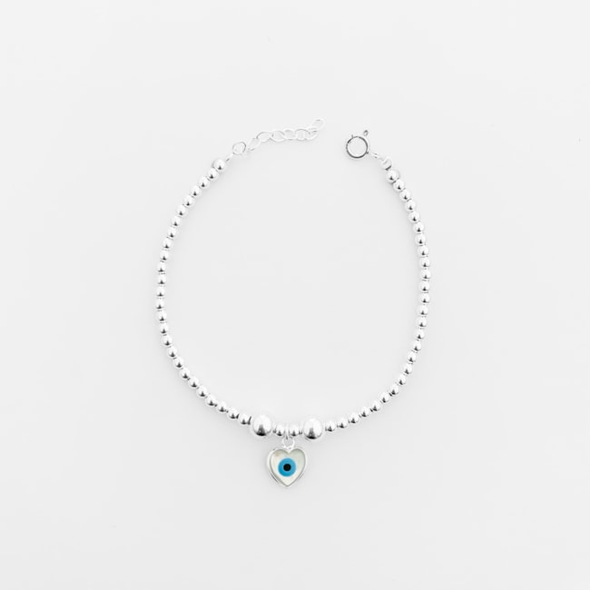 Pulseira de Bolinhas com Pingente de Olho Grego em Madreperola em Formato de Coração
