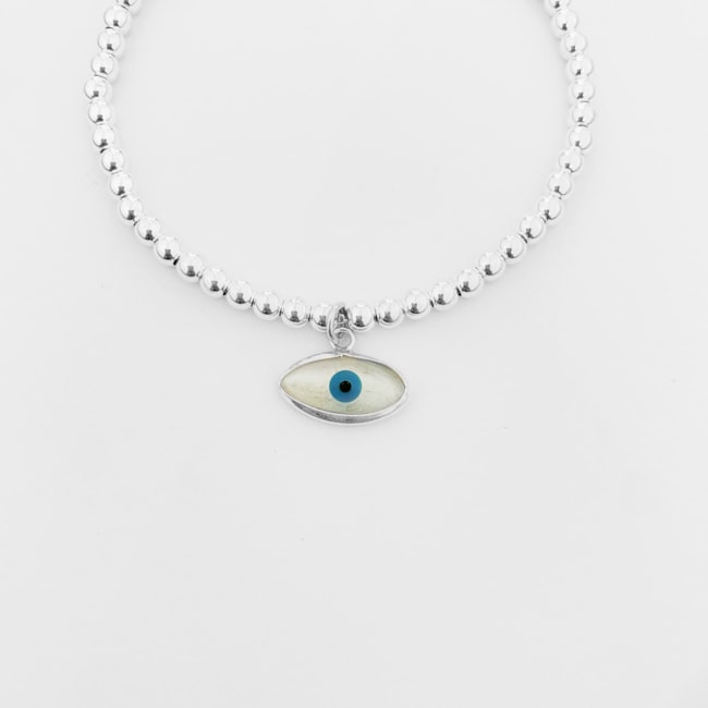 Pulseira de Bolinhas com Pingente de Olho Grego em Madrepérola – 18cm 
