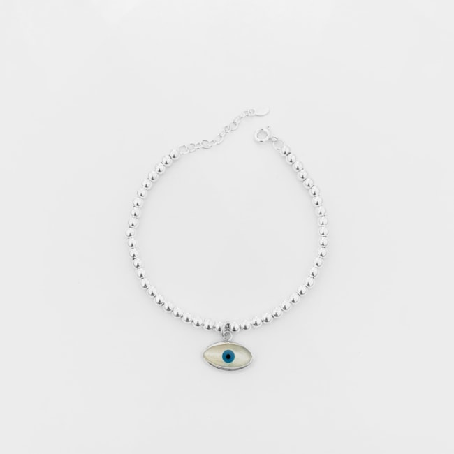 Pulseira de Bolinhas com Pingente de Olho Grego em Madrepérola – 18cm 