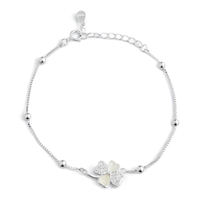 Pulseira de Bolinhas e Trevo Cravejada de Zircônia Cristal - 16cm