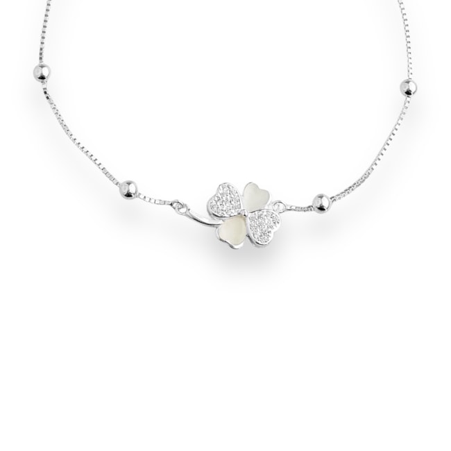 Pulseira de Bolinhas e Trevo Cravejada de Zircônia Cristal - 16cm