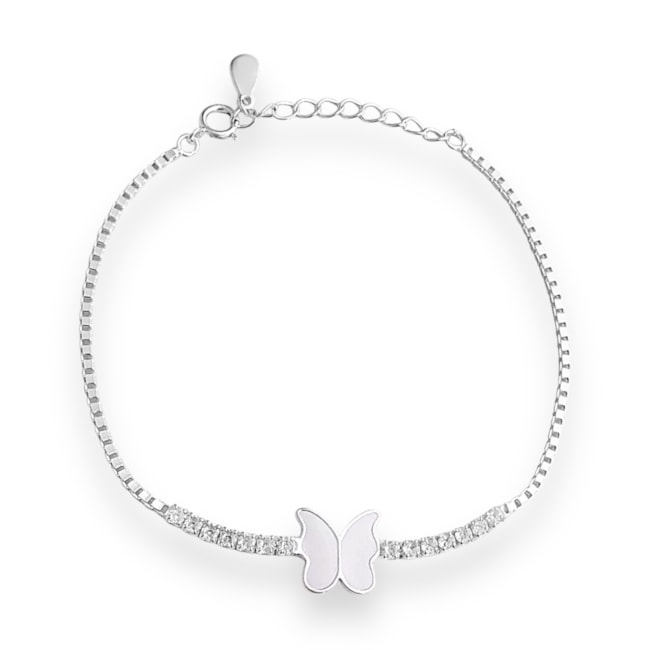 Pulseira de Borboleta com Resina Branca e Zircônia Cristal - 16cm