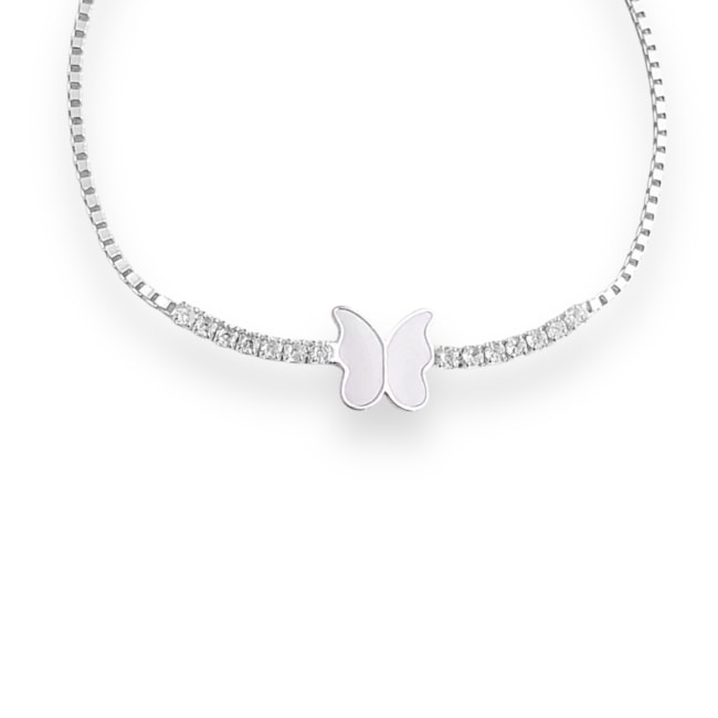 Pulseira de Borboleta com Resina Branca e Zircônia Cristal - 16cm