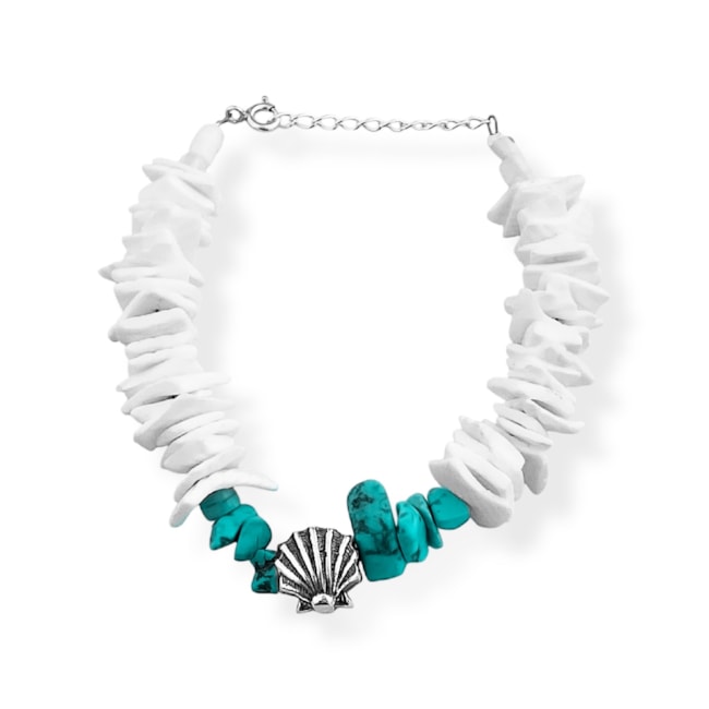 Pulseira de Cascalho Concha Branco e Cascalho Howlita Turquesa com Pingente de Concha - 16cm