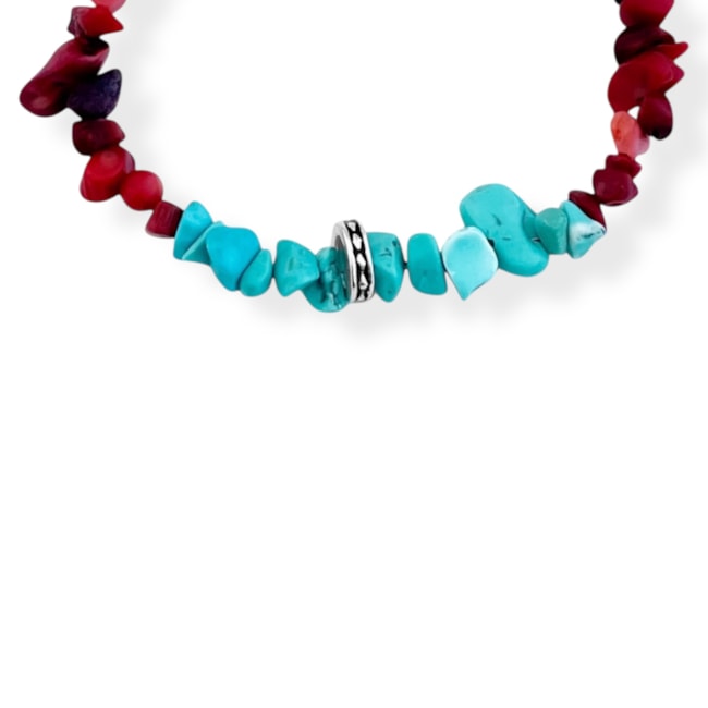 Pulseira de Cascalho Coral Vermelho e Cascalho Howlita Turquesa com Pingente - 16cm