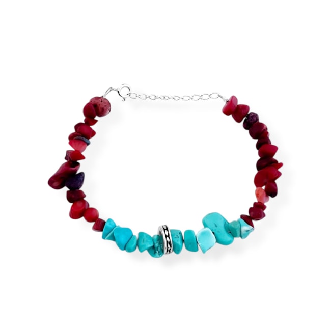 Pulseira de Cascalho Coral Vermelho e Cascalho Howlita Turquesa com Pingente - 16cm