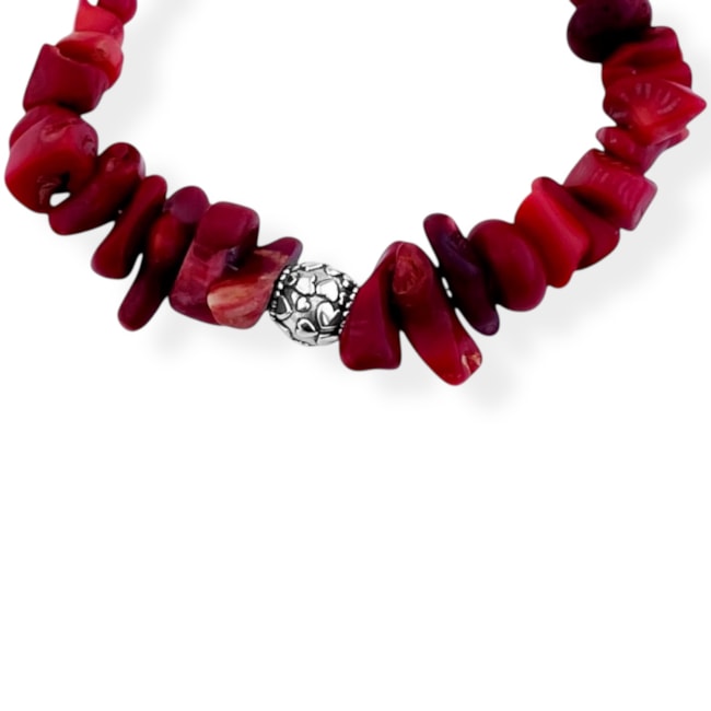 Pulseira de Cascalho Coral Vermelho e Jade Vermelho - 16cm