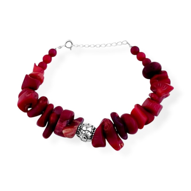 Pulseira de Cascalho Coral Vermelho e Jade Vermelho - 16cm