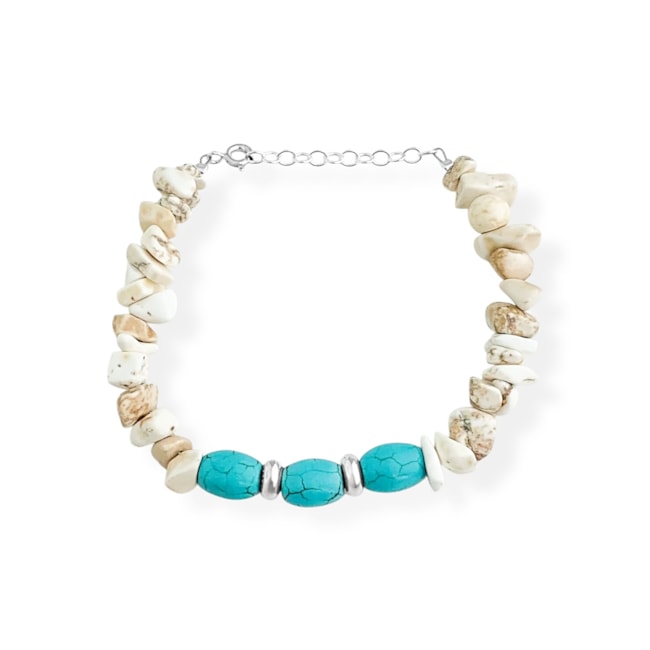Pulseira de Cascalho Howlita Branca com Turquesa - 16cm