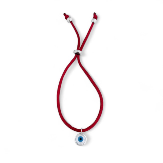 Pulseira de Cetim Vermelha com Olho Grego em Madrepérola - 24cm