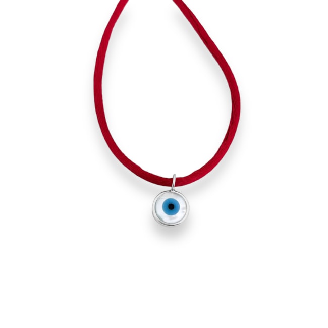 Pulseira de Cetim Vermelha com Olho Grego em Madrepérola - 24cm