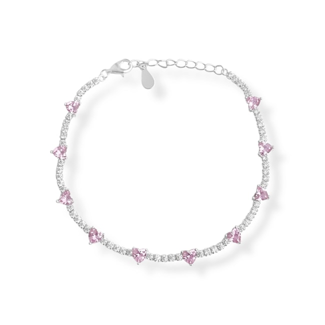 Pulseira de Coração com Zircônia Cristal e Rosa - 16cm 