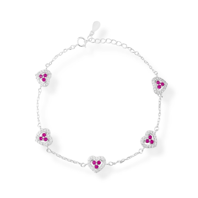 Pulseira de Coração com Zircônia Cristal e Rubi Rose - 17cm