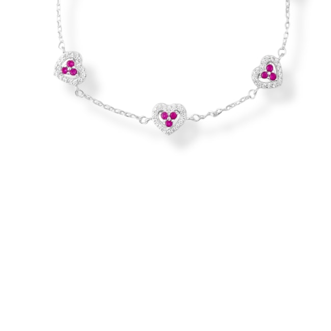 Pulseira de Coração com Zircônia Cristal e Rubi Rose - 17cm
