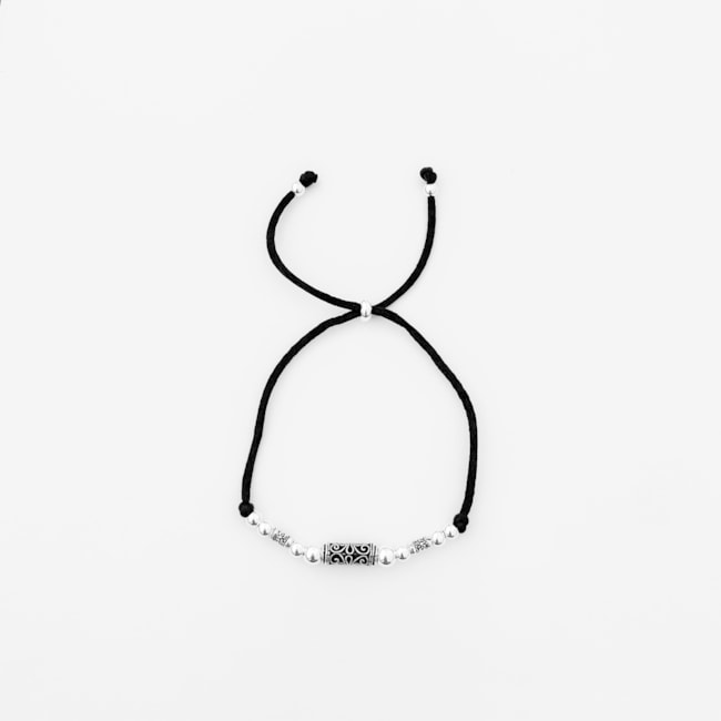 Pulseira de Cordinha Preta Trabalhada com Bolinhas e Arabescos - 26CM