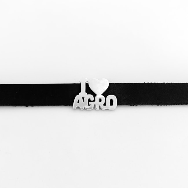 Pulseira de Couro com Fecho e Pingente em Prata " I Love Agro"  15,8cm