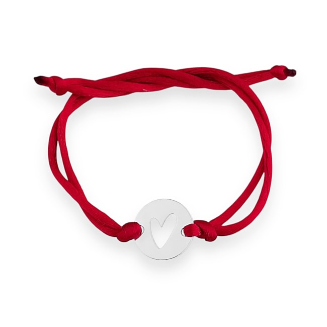 Pulseira de Fio Acetinado Vermelho com Pingente de Coração Vazado - 26cm 