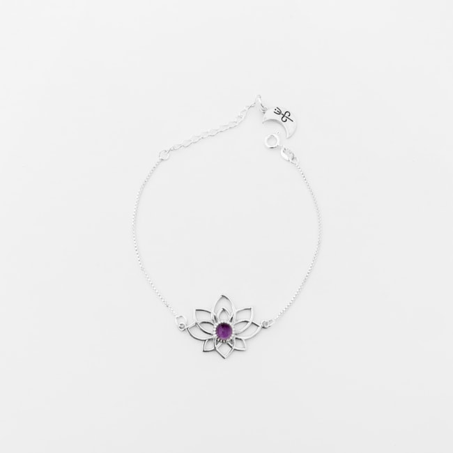 Pulseira de Flor de Lótus com Ametista - 16,5cm