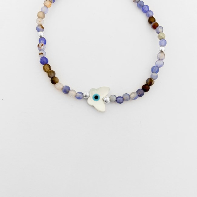 Pulseira de Jade Azul com Borboleta de Olho Grego em Madrepérola - 15,5cm