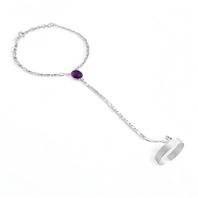 Pulseira de Mão com Anel Ajustável e Ametista 