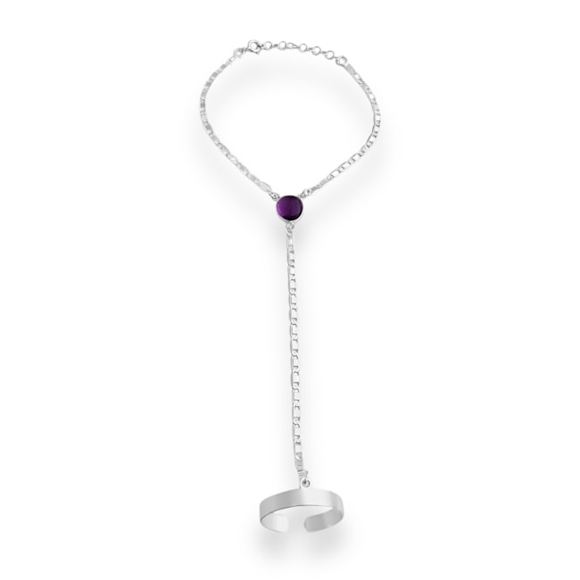 Pulseira de Mão com Anel Ajustável e Ametista 