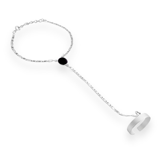 Pulseira de Mão com Anel Ajustável e Ônix 