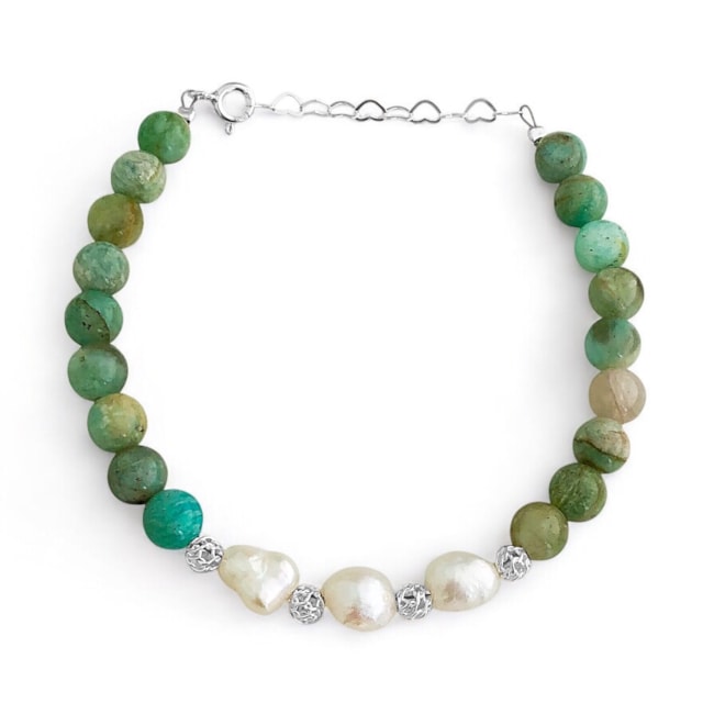 Pulseira de Pedra Amazonita com Pérolas Biwa e Arroz - 15,5cm