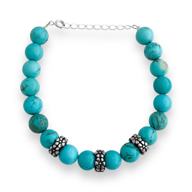Pulseira De Pedra Turquesa com Florzinhas - 17cm