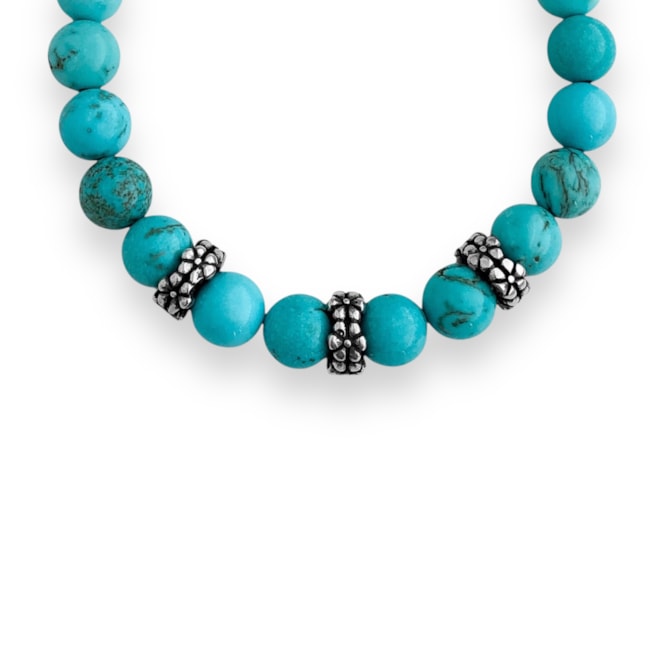 Pulseira De Pedra Turquesa com Florzinhas - 17cm