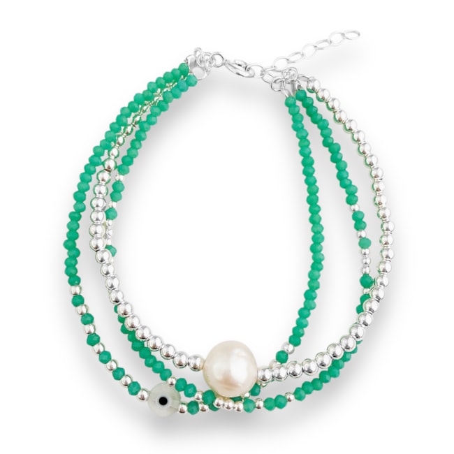 Pulseira de Pedrinhas com Pérola e Olho Grego - 17cm