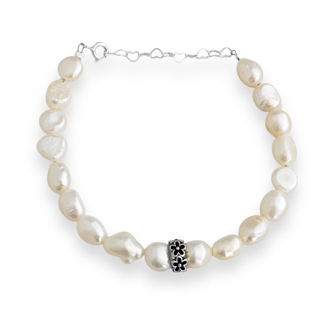 Pulseira de Pérola Arroz Amassada com Biwa Moeda - 16cm