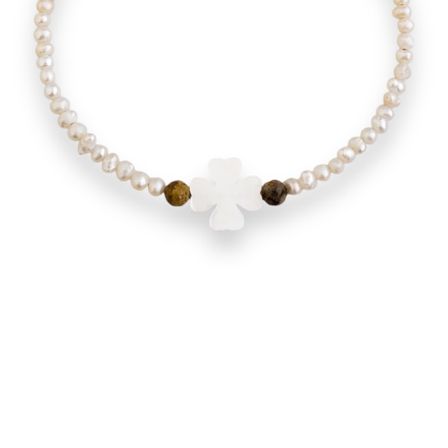 Pulseira de Pérola Batata com o Trevo em Madrepérola e Turquesa Africana - 16cm