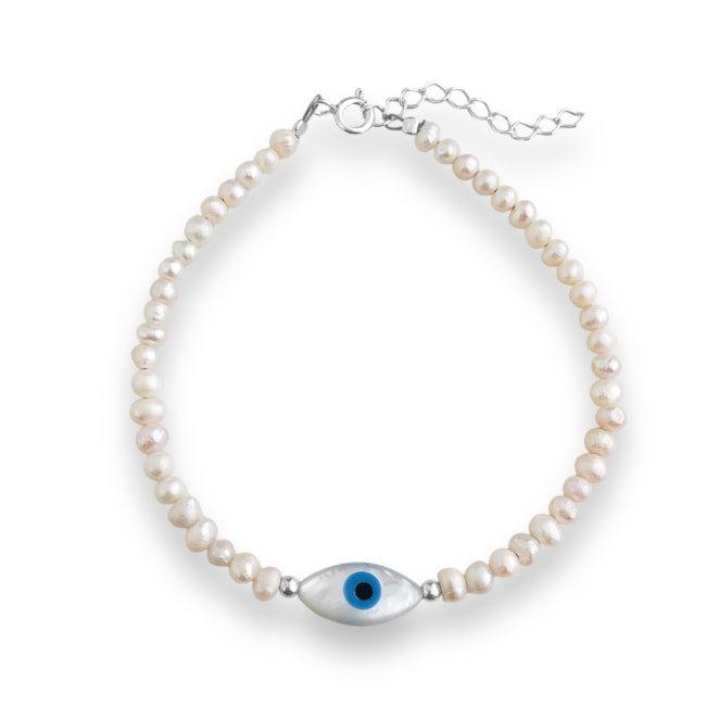 Pulseira de Pérola Batata com Olho Grego Navete - 16cm