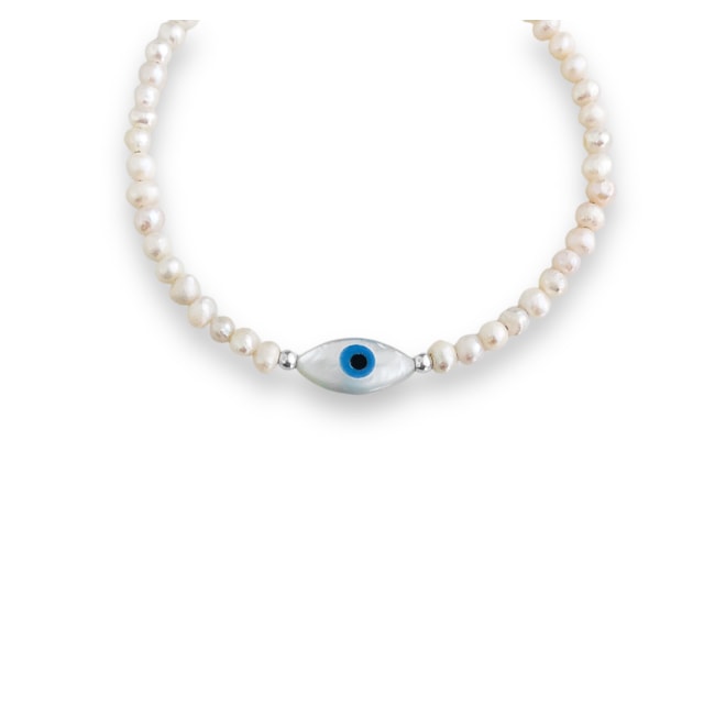 Pulseira de Pérola Batata com Olho Grego Navete - 16cm