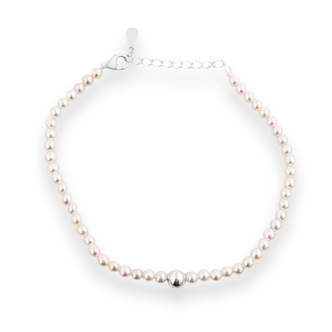 Pulseira de Pérolas com Bolinha de Prata no Meio - 17cm