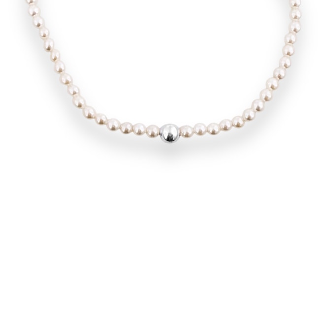 Pulseira de Pérolas com Bolinha de Prata no Meio - 17cm