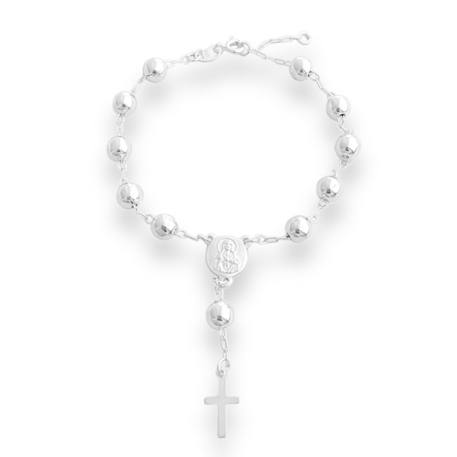 Pulseira de Terço com Pingente de Cruz e Medalha - 18cm