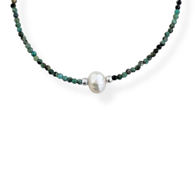 Pulseira de Turquesa Africana com Pérola - 16cm