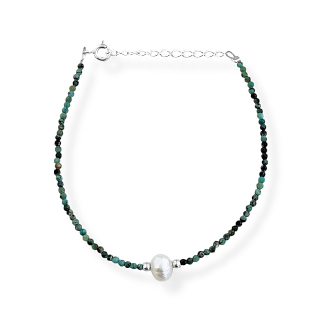 Pulseira de Turquesa Africana com Pérola - 16cm