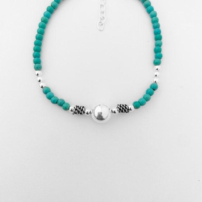 Pulseira de Turquesa Trabalhada com Bolinhas - 17cm