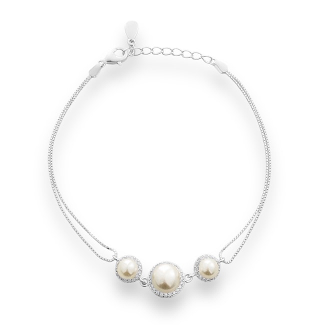 Pulseira Dois Fios com Pérolas e Borda Cravejadas em Zircônias - 17cm