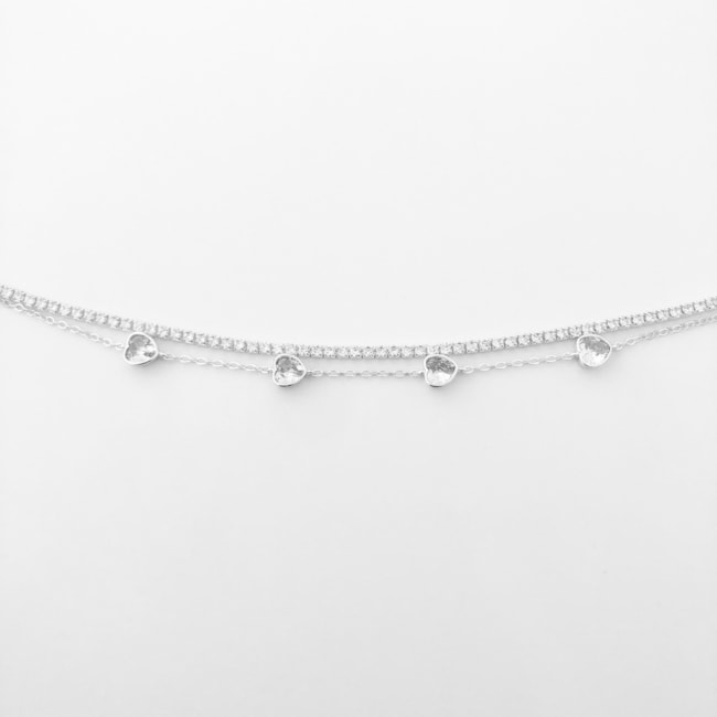 Pulseira Dupla Riveira Fina com Cartier com Pingente de Coração em Zircônia - 18cm