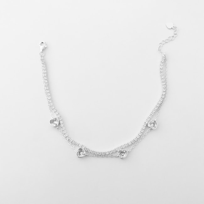 Pulseira Dupla Riveira Fina com Cartier com Pingente de Coração em Zircônia - 18cm